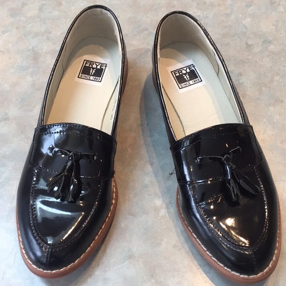 Frye black patent loafers